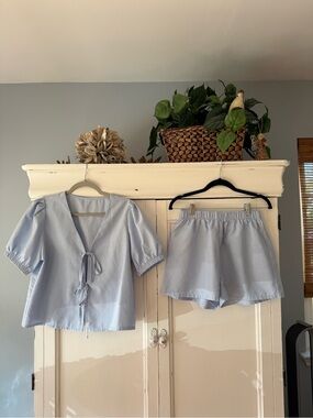 Amazon Light Blue Gingham Tie-Front Lounge Top & Shorts Set
